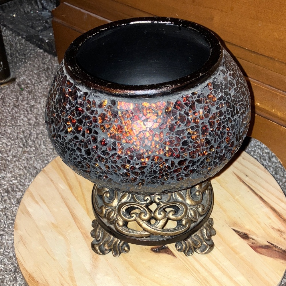 Hand Crafted Mosaic Glass Vase Bronze Shimmer Accents 7” X 4” Wrought Iron